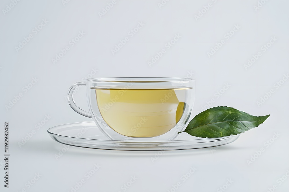 A glass cup of light-yellow tea on a glass saucer with a green tea leaf beside it, on a white background. A glass cup of light-yellow tea on a glass saucer with a green tea leaf beside it, on a white background.