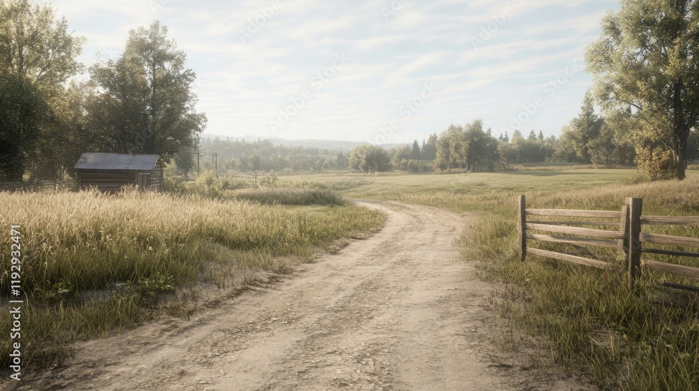 Fototapeta premium Serene rural landscape with dirt road, wooden fence, and small cabin in a grassy field under a hazy sky.