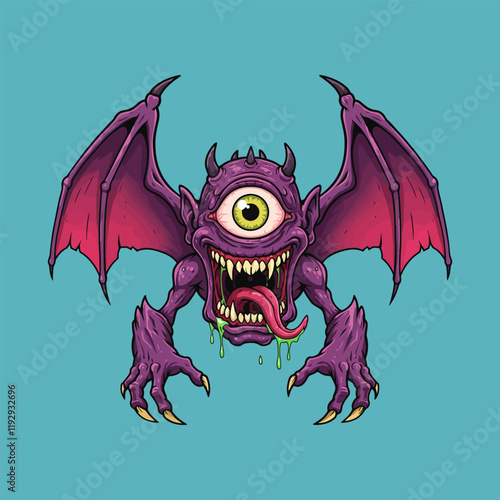 A stylized illustration of a purple one-eyed demon with large wings and sharp claws.