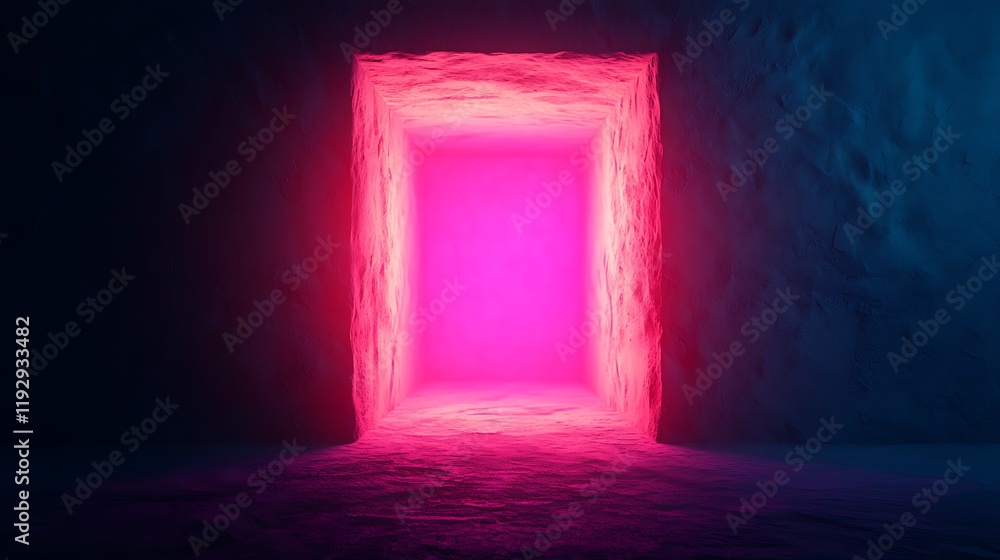 Glowing pink portal in dark textured walls. Glowing pink portal in dark textured walls.