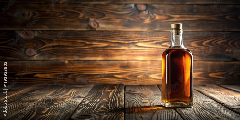 Naklejka premium Amber liquid in a glass bottle on rustic wooden surface