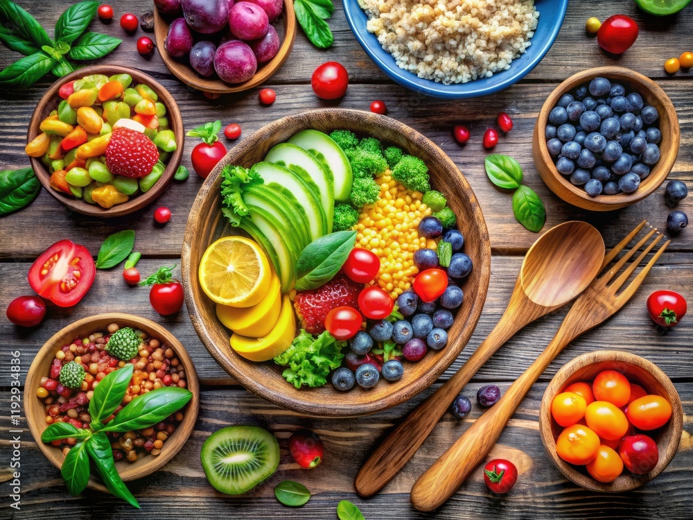 Plant-powered goodness! Sustainable flat lay showcasing a vibrant vegan flexitarian meal. Plant-powered goodness! Sustainable flat lay showcasing a vibrant vegan flexitarian meal.