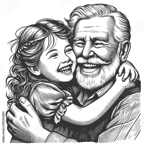 joyful grandfather embracing his smiling granddaughter, family love and generational bonds sketch engraving generative ai vector illustration. Scratch board imitation. Black and white image