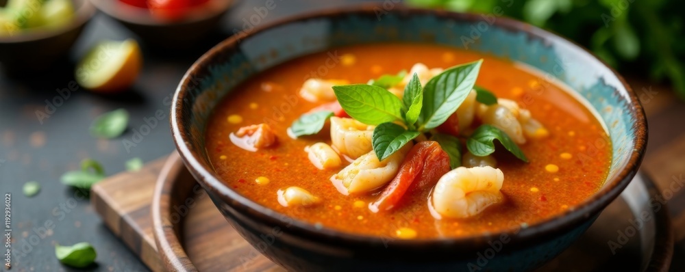Spicy Tom Yam Kung soup with fresh seafood and herbs , Thai dish, kung, soup Spicy Tom Yam Kung soup with fresh seafood and herbs , Thai dish, kung, soup