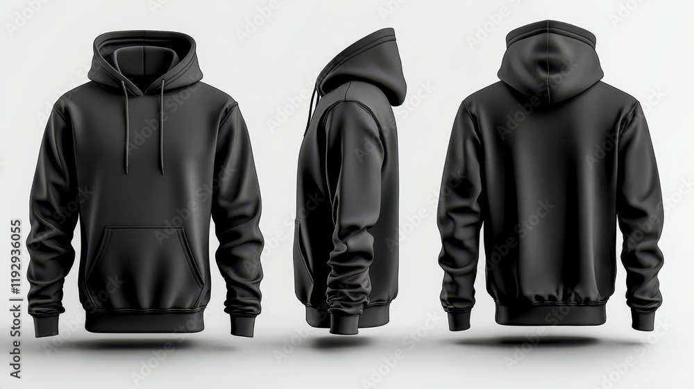 Black hoodie mockup shown from three angles front, side, and back.
