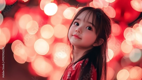 Adorable Young Girl Posing Against Red Bokeh Lights photo