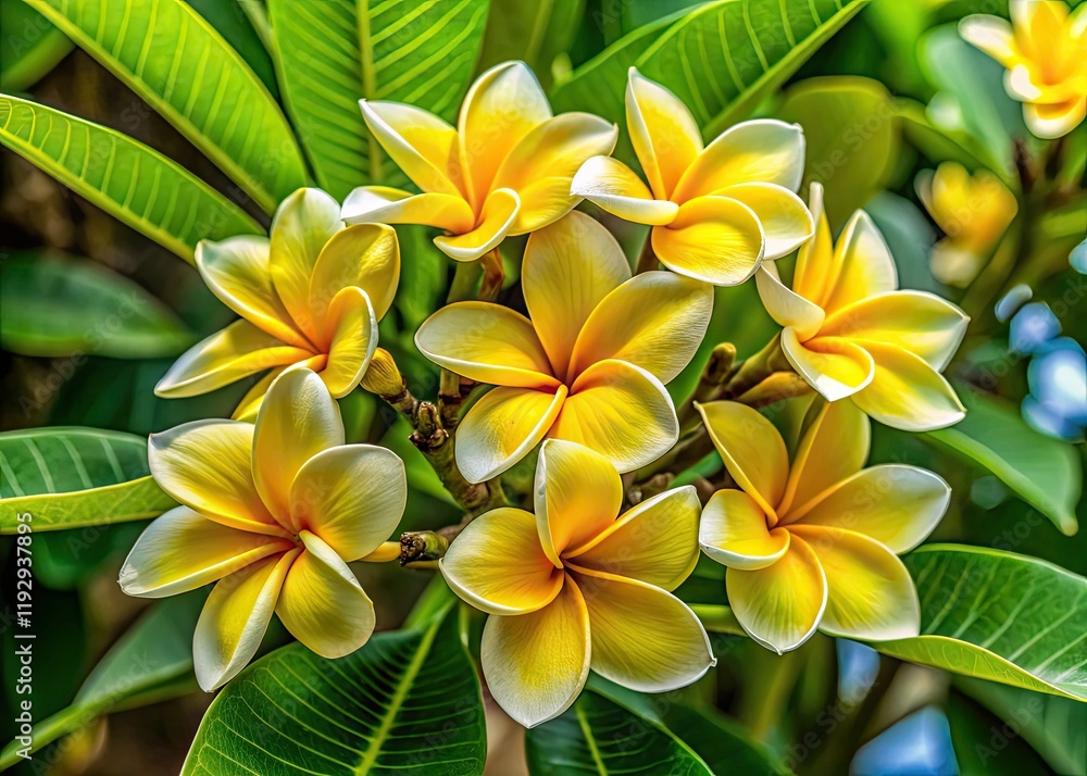 Fototapeta premium Rule of thirds photography showcases stunning frangipani; Hawaiian lei perfection.