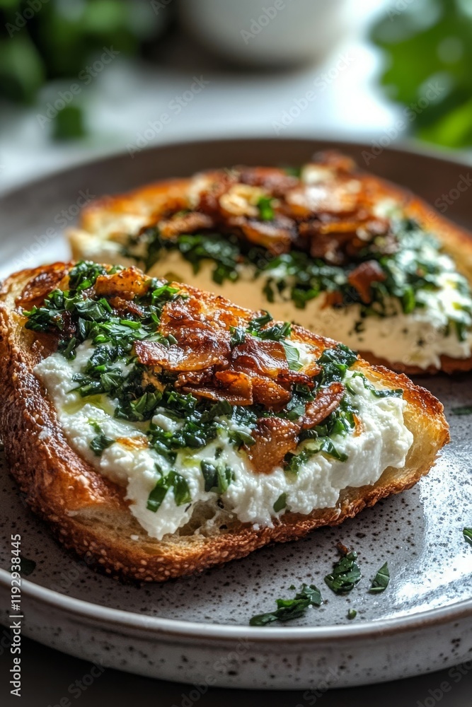 Toast topped with creamy cheese, herbs, and crispy onions on a plate. Toast topped with creamy cheese, herbs, and crispy onions on a plate.