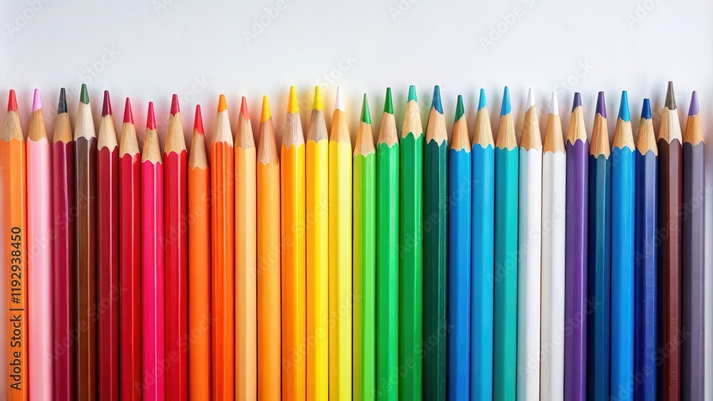 Vibrant spectrum of colored pencils arranged in a neat row on a white background, perfect for creative projects and educational materials Vibrant spectrum of colored pencils arranged in a neat row on a white background, perfect for creative projects and educational materials