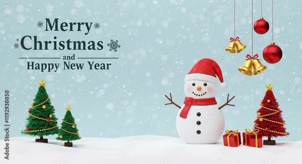 Festive background featuring a snowman and bells, wishing a Merry Christmas and a Happy New Year. Festive background featuring a snowman and bells, wishing a Merry Christmas and a Happy New Year.