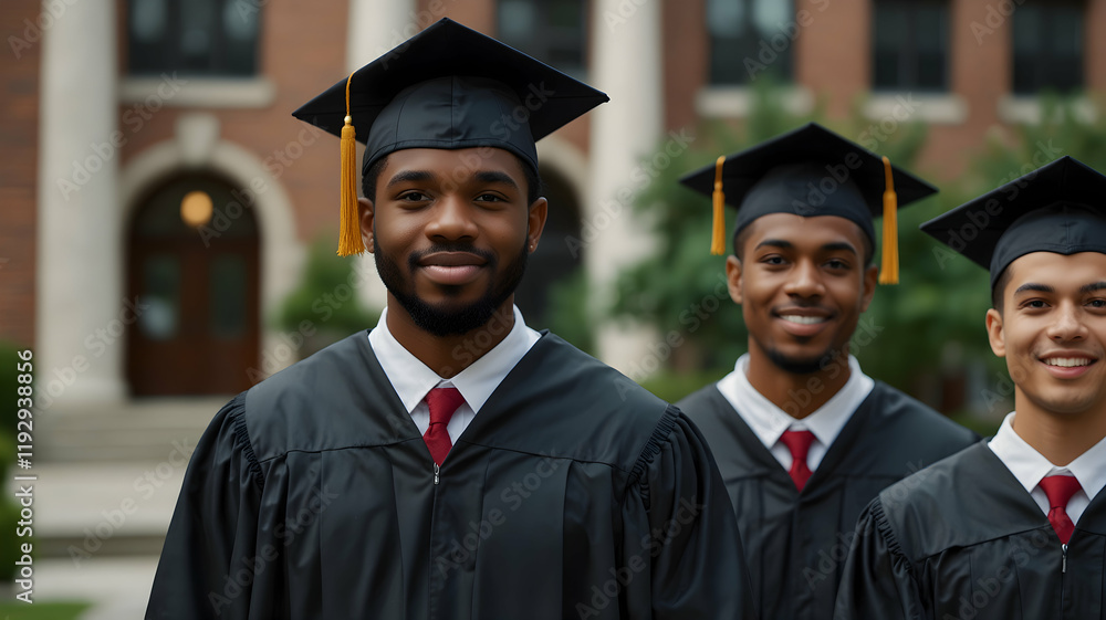 Three happy graduates smile proudly outside a university building. Three happy graduates smile proudly outside a university building.
