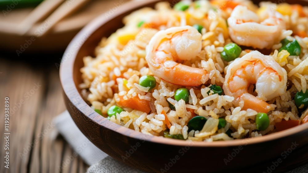 Close-up of rice and Chinese fried rice with vegetables and shrimp on a traditional Chinese serving plate, emphasizing savory and delicious qualities. Ideal for Chinese cuisine and quick meals. Close-up of rice and Chinese fried rice with vegetables and shrimp on a traditional Chinese serving plate, emphasizing savory and delicious qualities. Ideal for Chinese cuisine and quick meals.