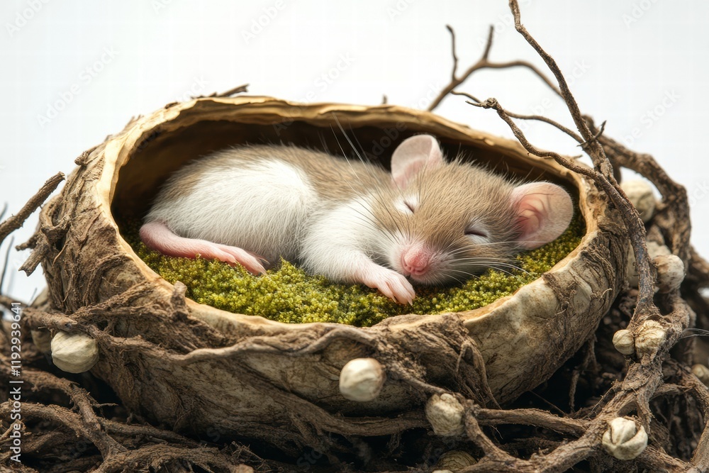 Sleeping mouse curled up in a cozy nest made of branches and moss in a peaceful setting. Generative AI Sleeping mouse curled up in a cozy nest made of branches and moss in a peaceful setting. Generative AI