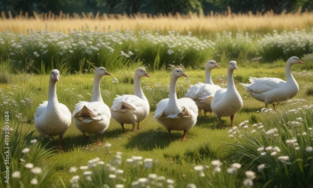A large group of fat white geese waddling across a sunny meadow with tall grasses and flowers, landscape, grasslands, countryside