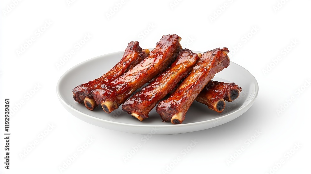 Plate of chinese-style crispy pork ribs with sauce garnished and served on a wooden table Plate of chinese-style crispy pork ribs with sauce garnished and served on a wooden table