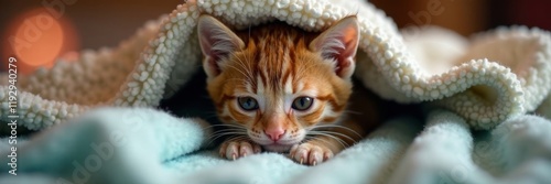 Tiny kitten snuggled under blanket, purring contentedly, warmth, home, adorable