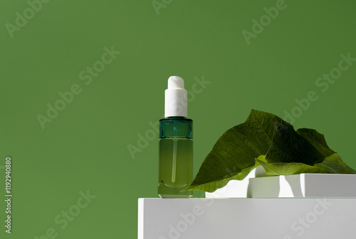 Essential oil bottle on white stand with green leaf background photo