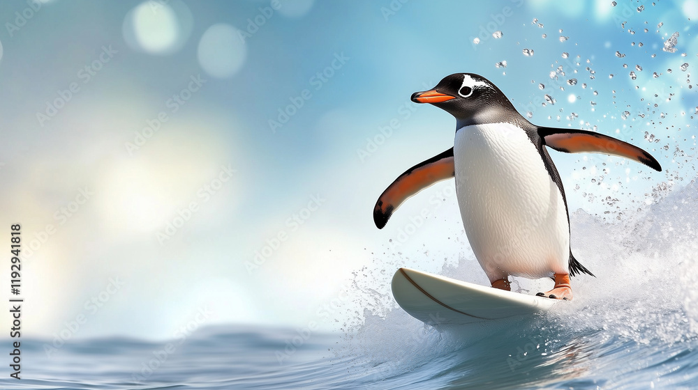 Fototapeta premium Cheerful Penguin Surfing on Waves at Sunny Beach