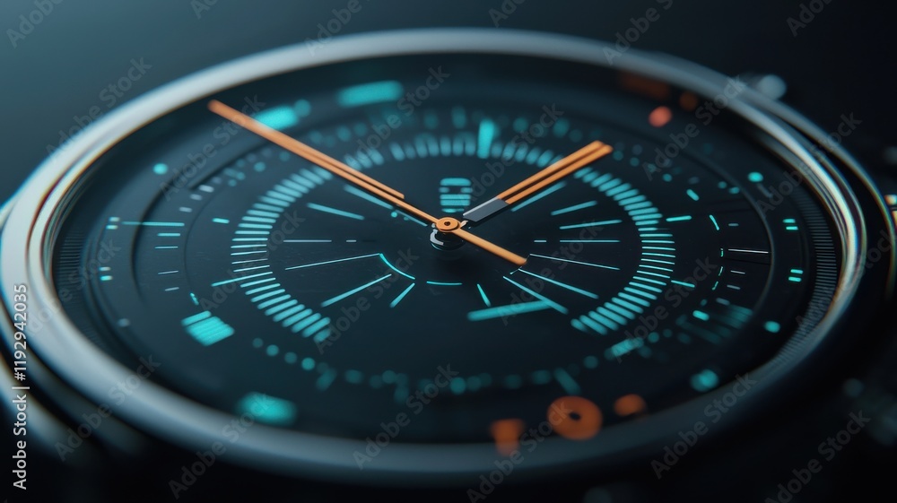 A close-up of a modern watch with a sleek black dial, glowing blue accents, and orange hands, showcasing its intricate design and functionality. A close-up of a modern watch with a sleek black dial, glowing blue accents, and orange hands, showcasing its intricate design and functionality.