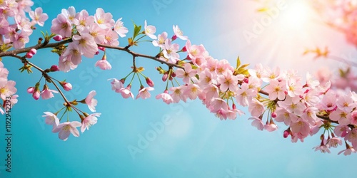 Delicate Pink Blossoms on a Branch Against a Vivid Blue Sky with Sunlit Backdrop