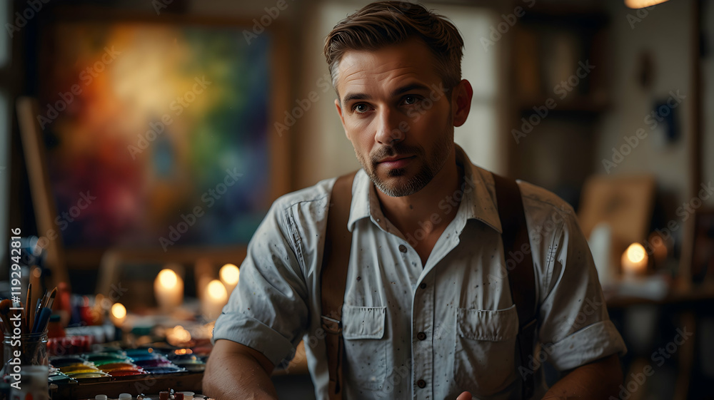 Fototapeta premium Focused Artist in a Creative Studio, Posing for a Portrait