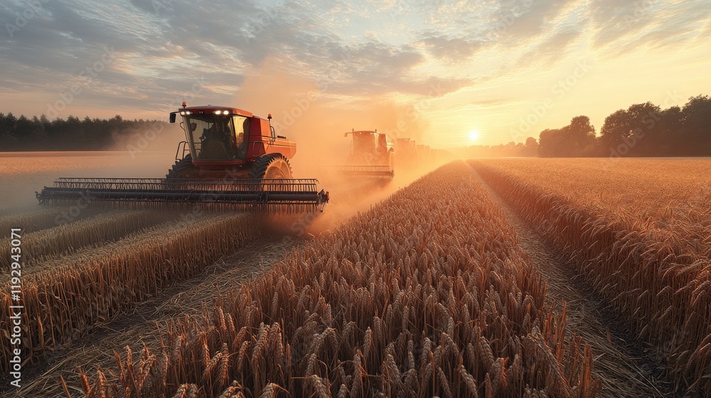 Fototapeta premium Golden Sunset Harvest: Two Tractors Working in Wheat Field with Dust Clouds, Agricultural Landscape in Evening Light, Rural Farming Machinery in Action