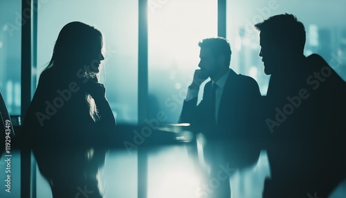 Three professionals contemplate a serious topic in a darkened office, backlit by city lights