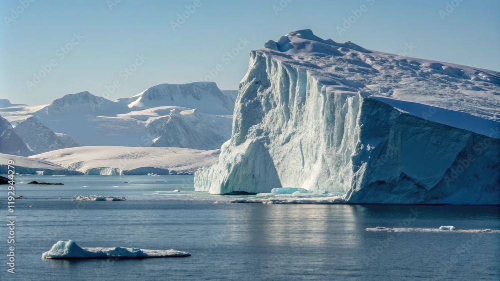 A massive iceberg partially submerged in the water with surrounding glaciers, floating bergs, frozen tundra A massive iceberg partially submerged in the water with surrounding glaciers, floating bergs, frozen tundra