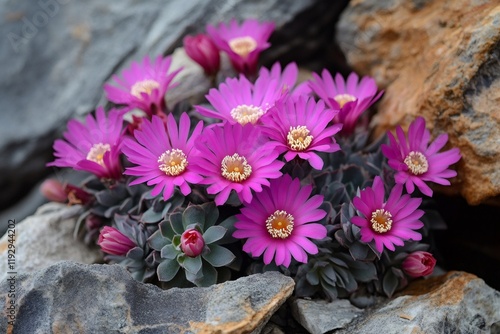 Vibrant pink delosperma flowers blooming among rocks photo