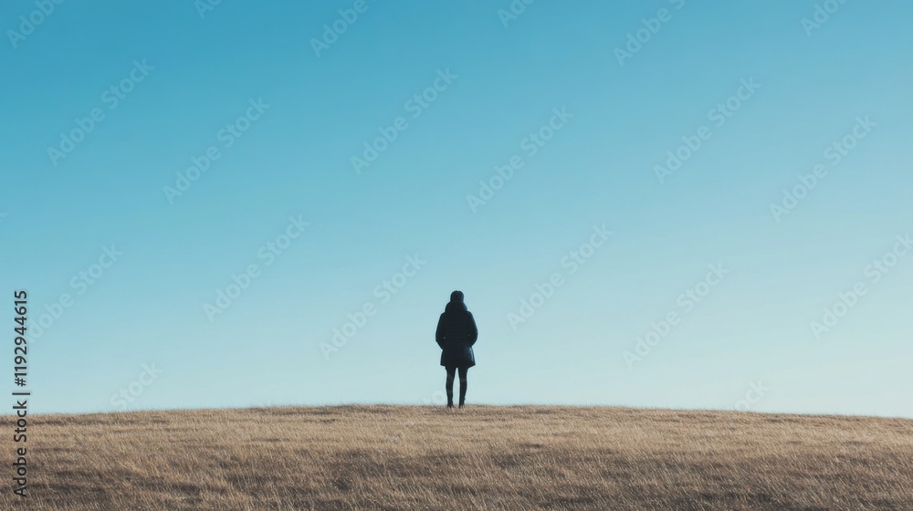 Solitary figure standing on a hill against a clear blue sky. Solitary figure standing on a hill against a clear blue sky.