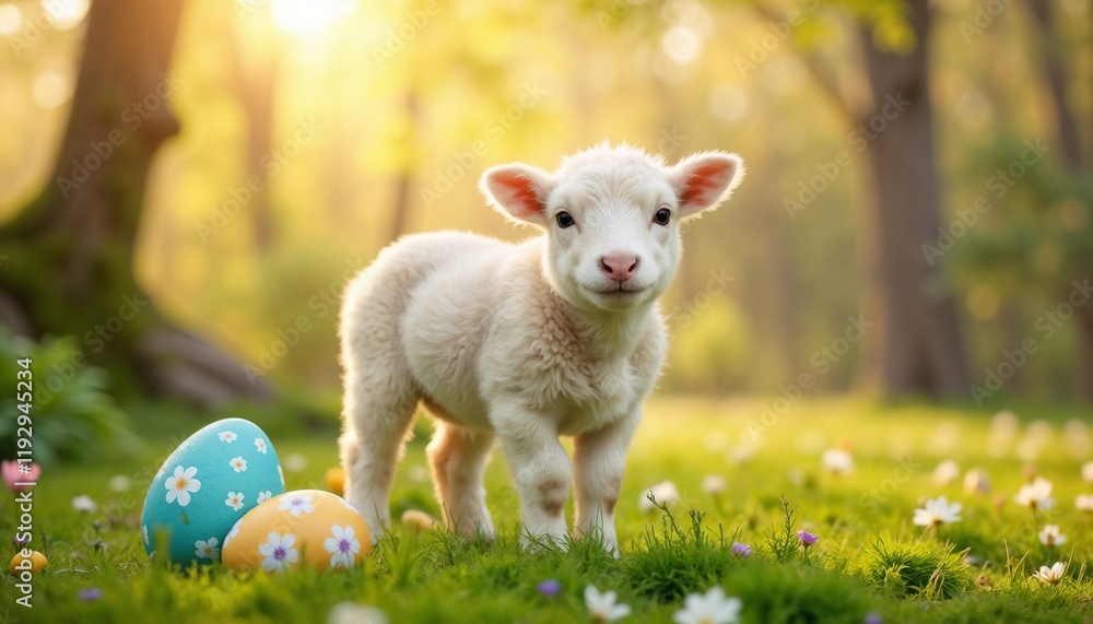 Fototapeta premium Cute lamb standing near decorated Easter eggs in a sunny spring meadow