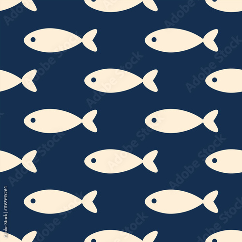 Fishes simple vector seamless pattern. Ivory minimalist stylized drawings on dark blue background.
