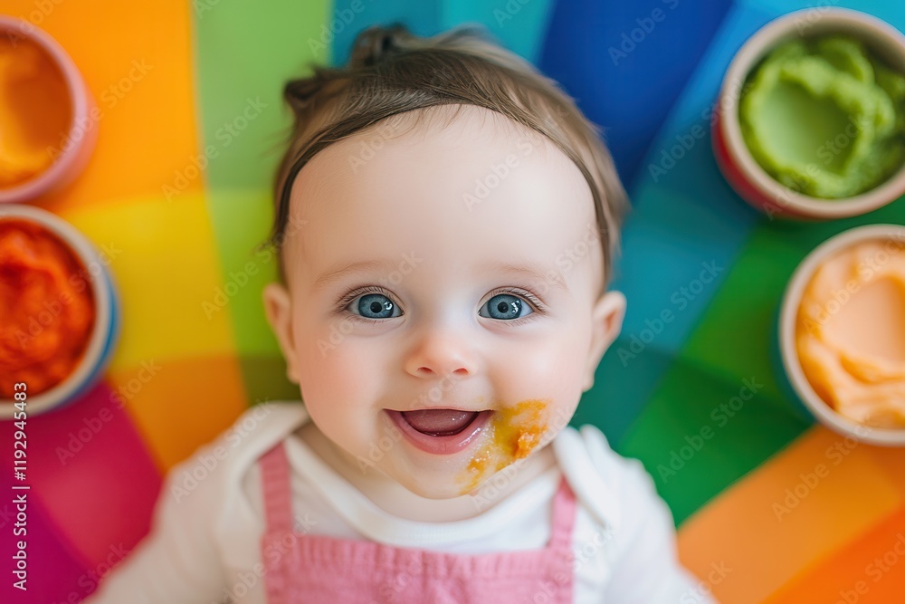Bright-eyed baby girl joyfully exploring pureed vegetables in a colorful setting at mealtime. Generative AI Bright-eyed baby girl joyfully exploring pureed vegetables in a colorful setting at mealtime. Generative AI