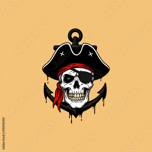 A stylized illustration of a pirate skull wearing a tricorn hat and eye patch, positioned over a dripping anchor.