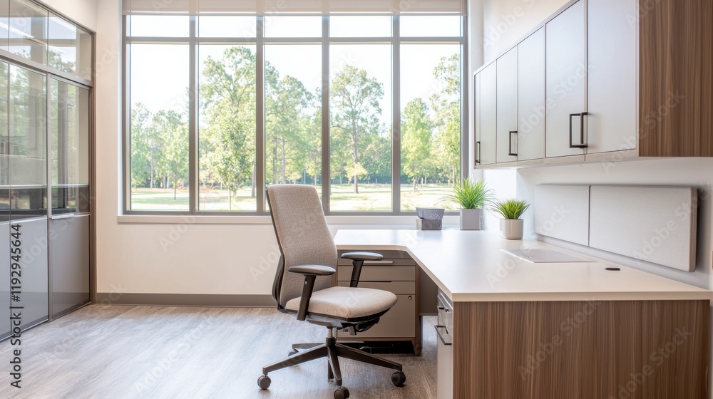 Fototapeta premium Modern office with desk and chair near large window overlooking trees