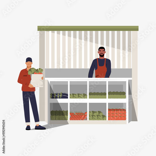 Male characters at vegetable stand and carrying box of fresh produce in flat vector illustration symbolizing local market, fresh food, and farm to table concept, isolated on white background