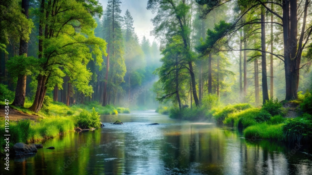 A misty forest landscape with a river flowing gently through it and surrounded by tall trees and lush greenery, quiet surroundings, misty forest, greenery, serene atmosphere A misty forest landscape with a river flowing gently through it and surrounded by tall trees and lush greenery, quiet surroundings, misty forest, greenery, serene atmosphere
