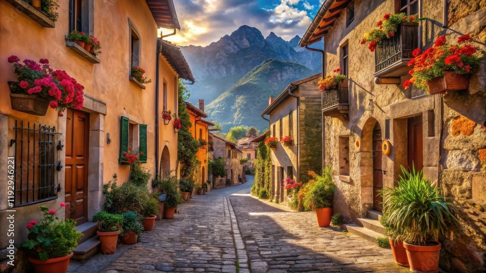 Fototapeta premium Sunlit cobblestone street in a quaint village nestled amongst majestic mountains, adorned with vibrant flower boxes and charming architecture.