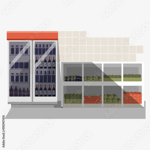 Convenience store shelves with beverages and packaged goods in flat vector illustration symbolizing retail, shopping, and consumer products, isolated on white background.
