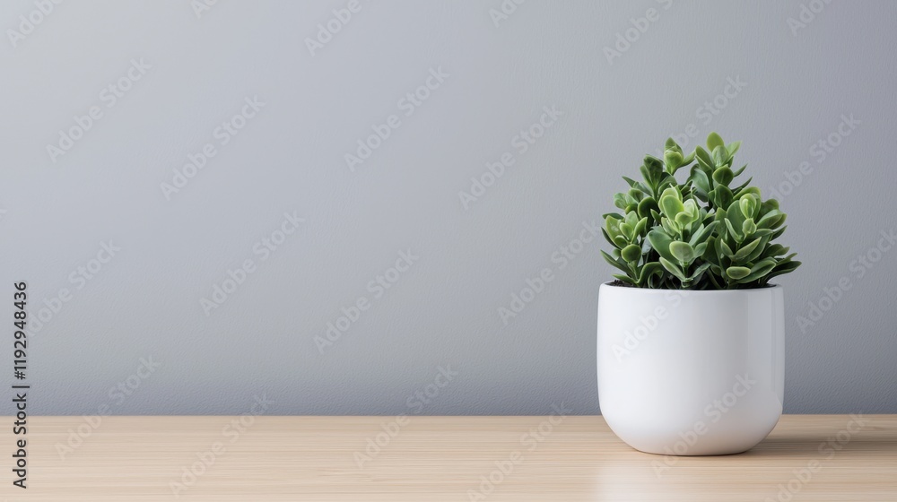 Fototapeta premium Small green plant in white pot standing on wooden table against gray wall, minimalist style