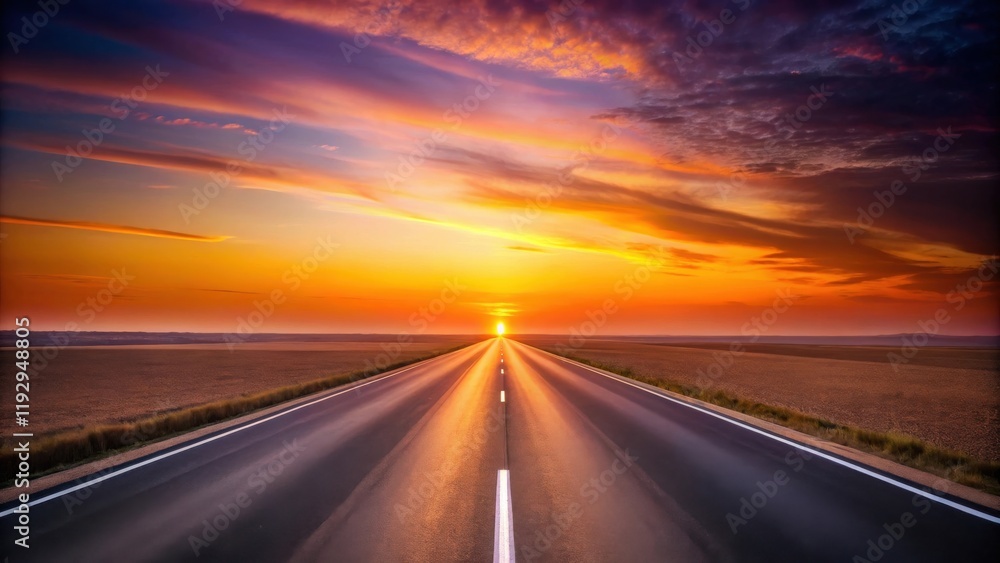Asphalt road stretching towards a vibrant sunset over a vast, flat field Asphalt road stretching towards a vibrant sunset over a vast, flat field
