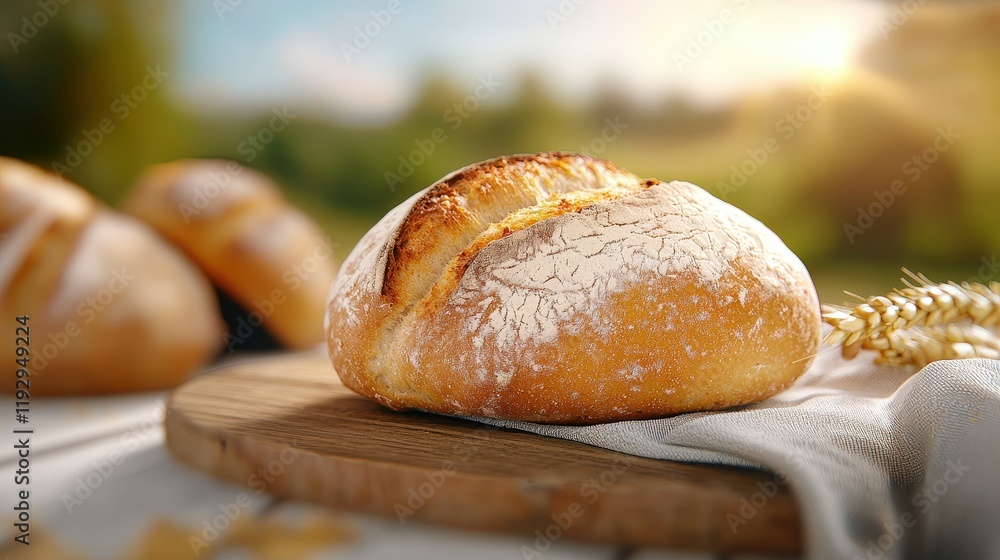 Artisanal loaf of organic bread on a wooden cutting board ready for slicing and serving Artisanal loaf of organic bread on a wooden cutting board ready for slicing and serving