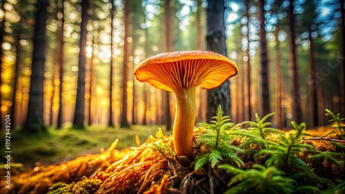 Vintage Finnish pinewood gingertail: golden trumpet omphalina mushrooms photographed. photo