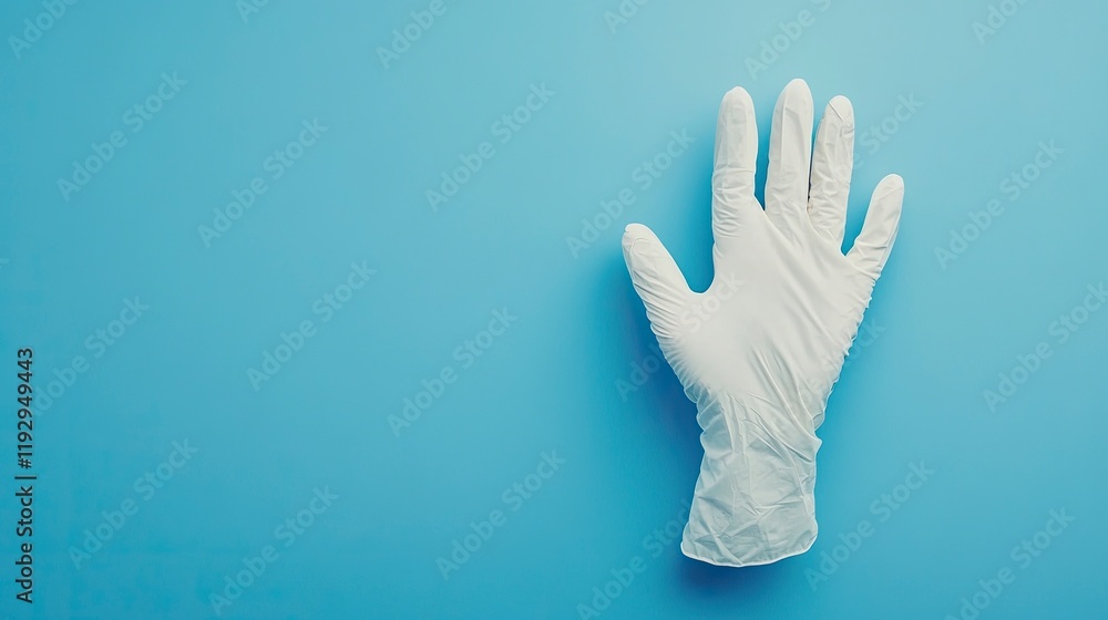 Fototapeta premium Woman doctor wears medical gloves over blue background. Copy space. National Doctors' Day. International Nurses Day. Health protection equipment during quarantine Coronavirus pandemic 
