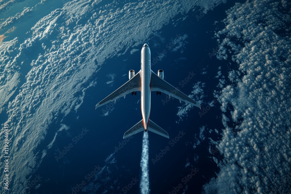 Jet airplane flying over earth viewed from space with clear blue skies and clouds Jet airplane flying over earth viewed from space with clear blue skies and clouds