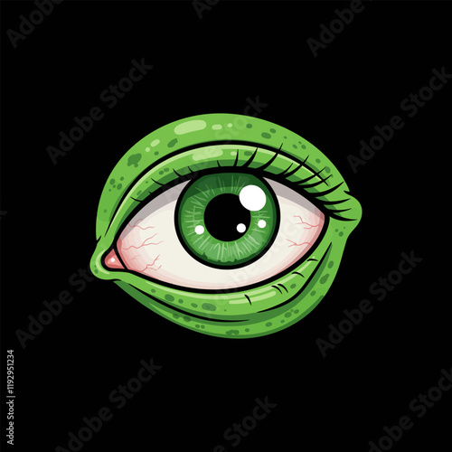 The image is a stylized illustration of a single large green eye with a textured eyelid and dark background.