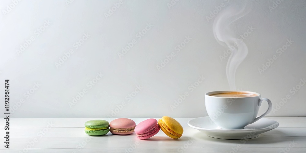 Aromatic Coffee with Delicate Pastel Macarons on a White Table Aromatic Coffee with Delicate Pastel Macarons on a White Table