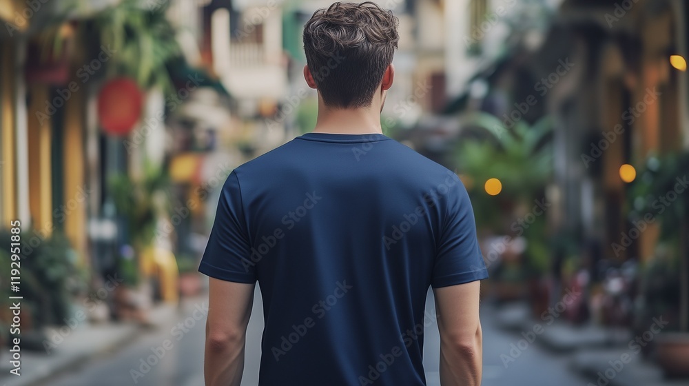 Fototapeta premium flat navy blue t-shirt mockup, back view of an attractive young man with a slim body