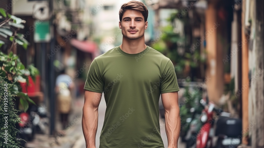flat green army t-shirt mockup, front view of an attractive young man with a slim body flat green army t-shirt mockup, front view of an attractive young man with a slim body