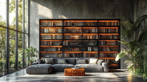 Modern Industrial Living Room with Bookshelves. Generative AI photo